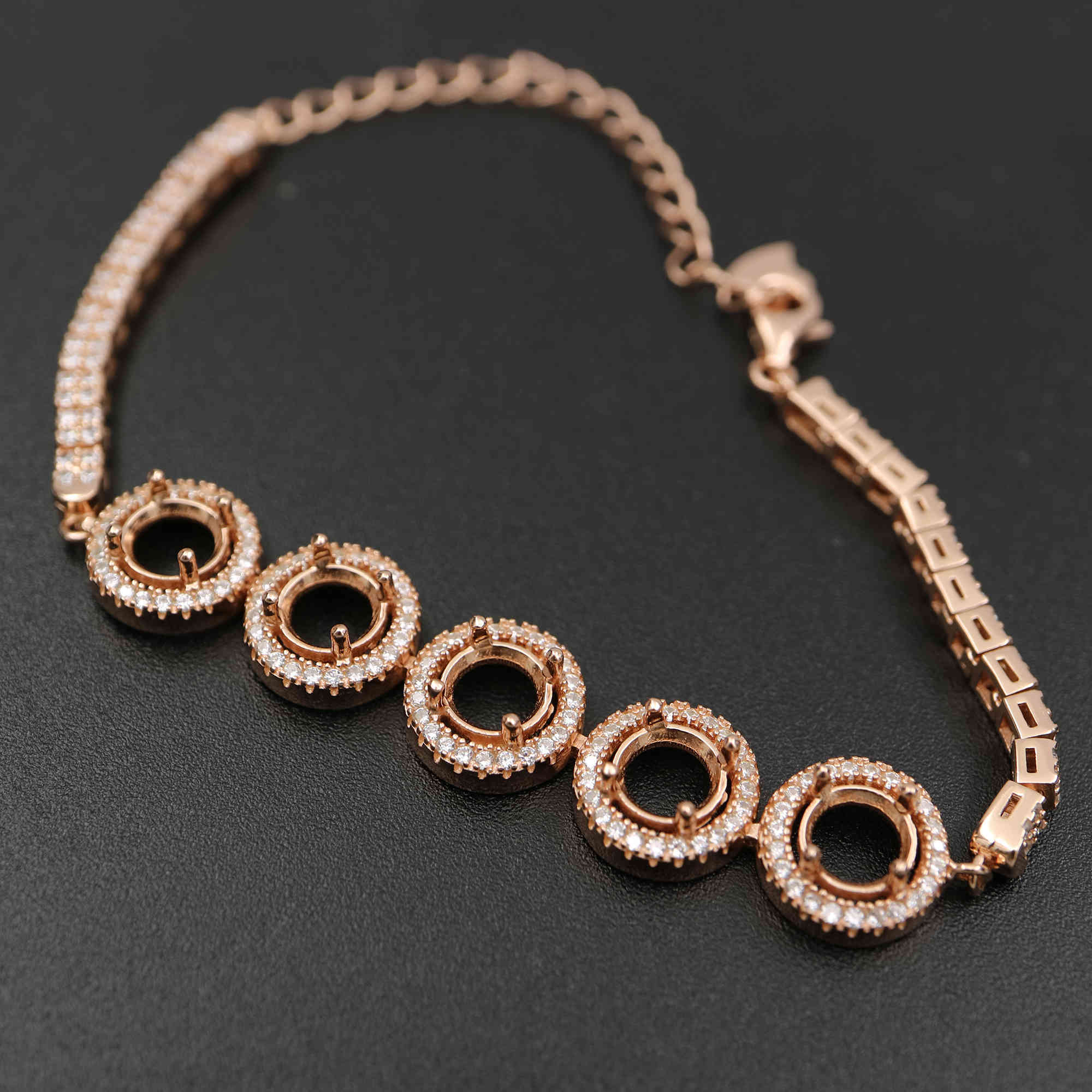 1Pcs 5-6MM Round Bezel Rose Gold Plated Solid 925 Sterling Silver 5 Stones Luxury Bracelet Settings 5.5Inches+2Inches Extension Chain 1900223 - Click Image to Close